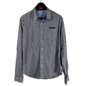 Christian Audigier Blue & White Striped Button-Down Shirt Long Sleeves Men's L